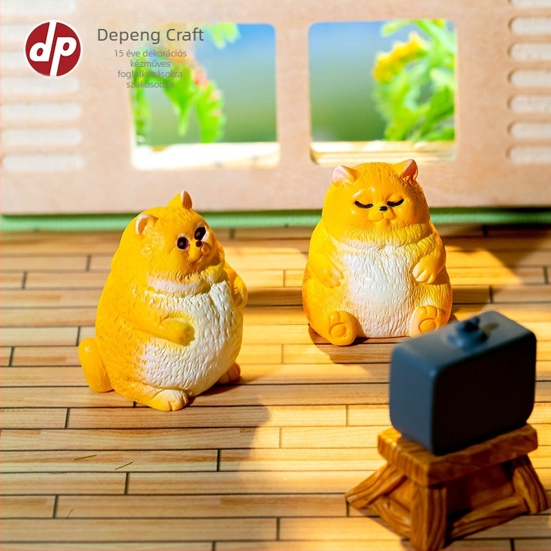 Rajzfilm-stílusú aranyos, kövér macska figura DIY babaházhoz, gyanta asztali dekoráció