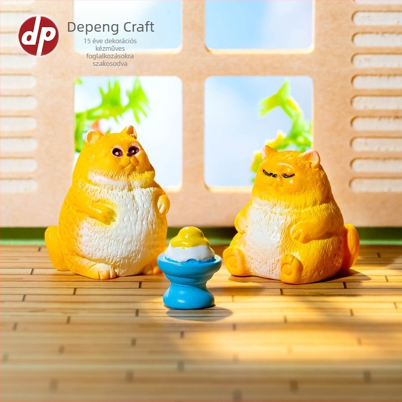 Rajzfilm-stílusú aranyos, kövér macska figura DIY babaházhoz, gyanta asztali dekoráció
