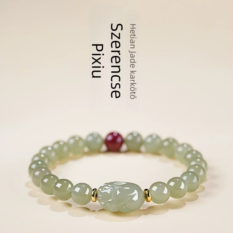 Pixiu Hetian jade gyöngy karkötő, természetes jade ékszer