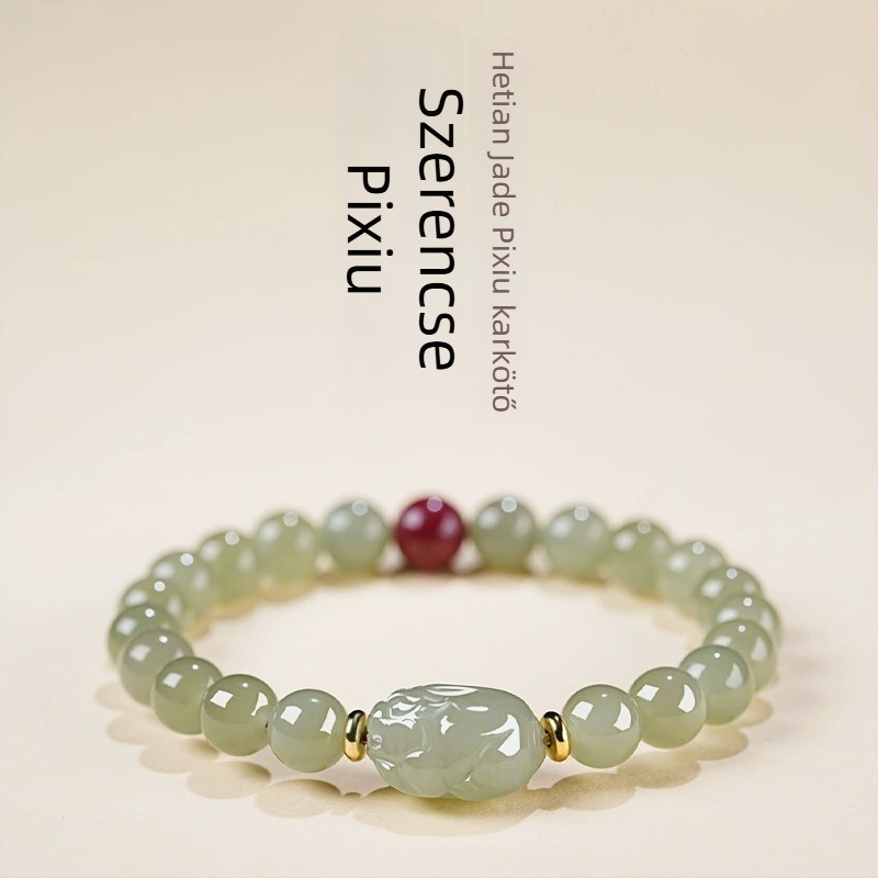 Pixiu Hetian jade gyöngy karkötő, természetes jade ékszer