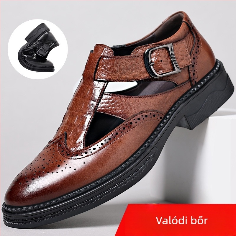 Férfi bőrből készült brogue stílusú szandál gravírozott mintával, lélegző, 7102