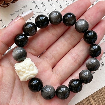 Obszidián karkötő oroszlán tánc motívummal, egyszálas, fehér jade Bodhi gyöngyökkel és Bodhi gyökérrel, uniszex ékszer párnak