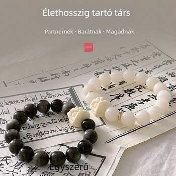 Obszidián karkötő oroszlán tánc motívummal, egyszálas, fehér jade Bodhi gyöngyökkel és Bodhi gyökérrel, uniszex ékszer párnak