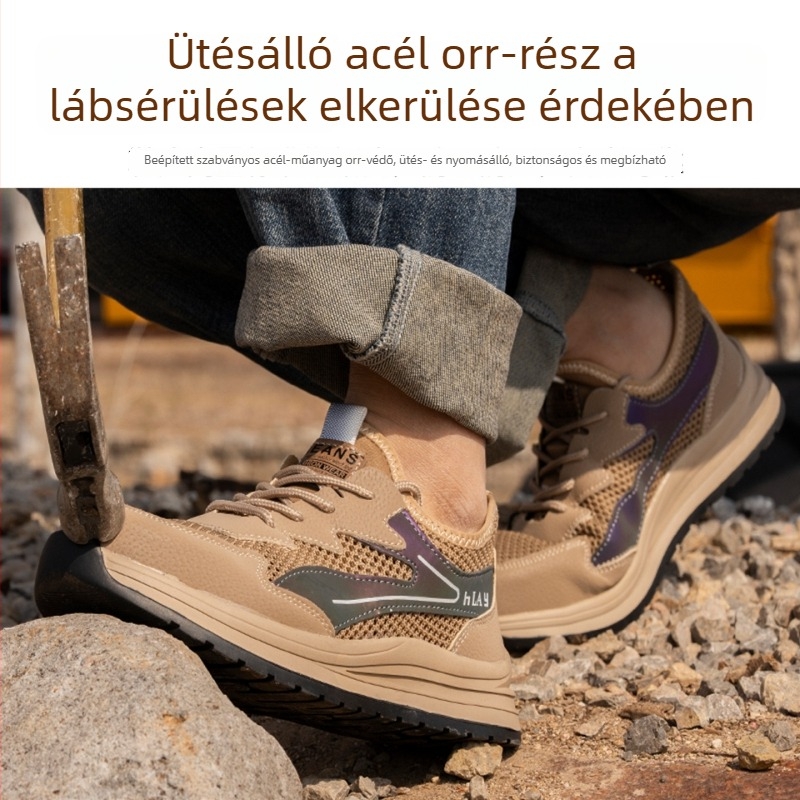 Férfi nyári munkavédelmi cipő acélorrvédővel, lélegző, kopásálló, csúszásmentes és perforáció elleni védelem