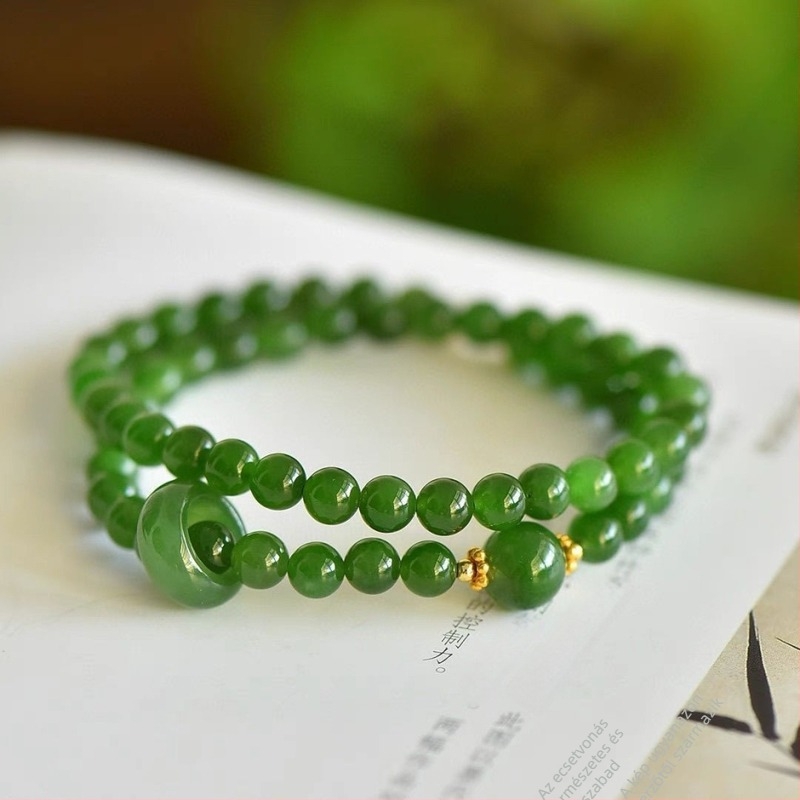 Zöld chalcedon és Hetian jade dupla körös karkötő mozgó gyűrűvel – szerencse ajándék a legjobb barátnőnek