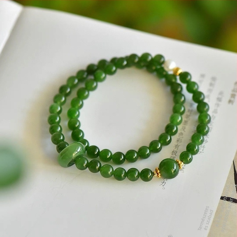 Zöld chalcedon és Hetian jade dupla körös karkötő mozgó gyűrűvel – szerencse ajándék a legjobb barátnőnek