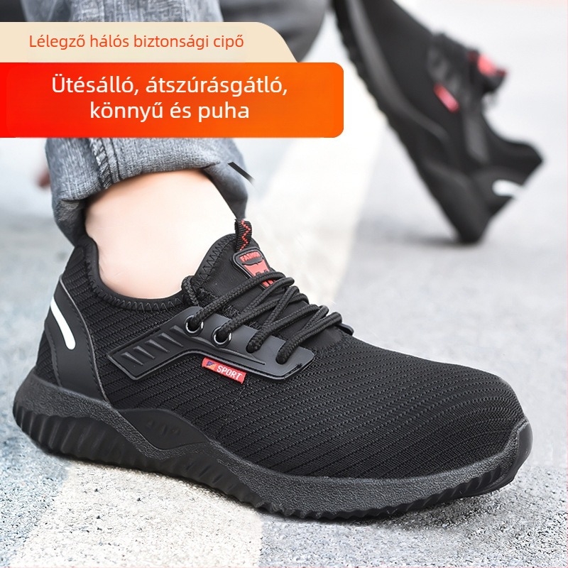 Légáteresztő munkavédelmi cipő acélorrú, nyári hálós felsőrész, ütésálló és perforációálló, puha talpú, kopásálló