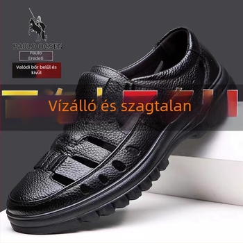 Férfi bőr szandál perforált felsőrésszel, Velcro-záródás, puha gumi talp, lélegző, csúszásmentes