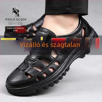 Férfi bőr szandál perforált felsőrésszel, Velcro-záródás, puha gumi talp, lélegző, csúszásmentes