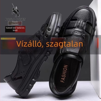 Férfi bőr szandál perforált felsőrésszel, Velcro-záródás, puha gumi talp, lélegző, csúszásmentes