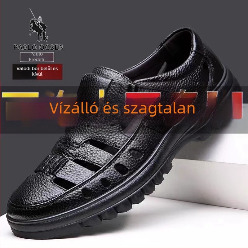 Férfi bőr szandál perforált felsőrésszel, Velcro-záródás, puha gumi talp, lélegző, csúszásmentes