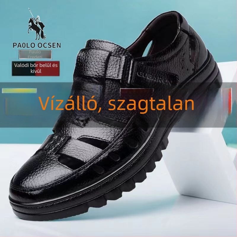 Férfi bőr szandál perforált felsőrésszel, Velcro-záródás, puha gumi talp, lélegző, csúszásmentes