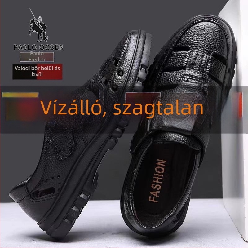 Férfi bőr szandál perforált felsőrésszel, Velcro-záródás, puha gumi talp, lélegző, csúszásmentes