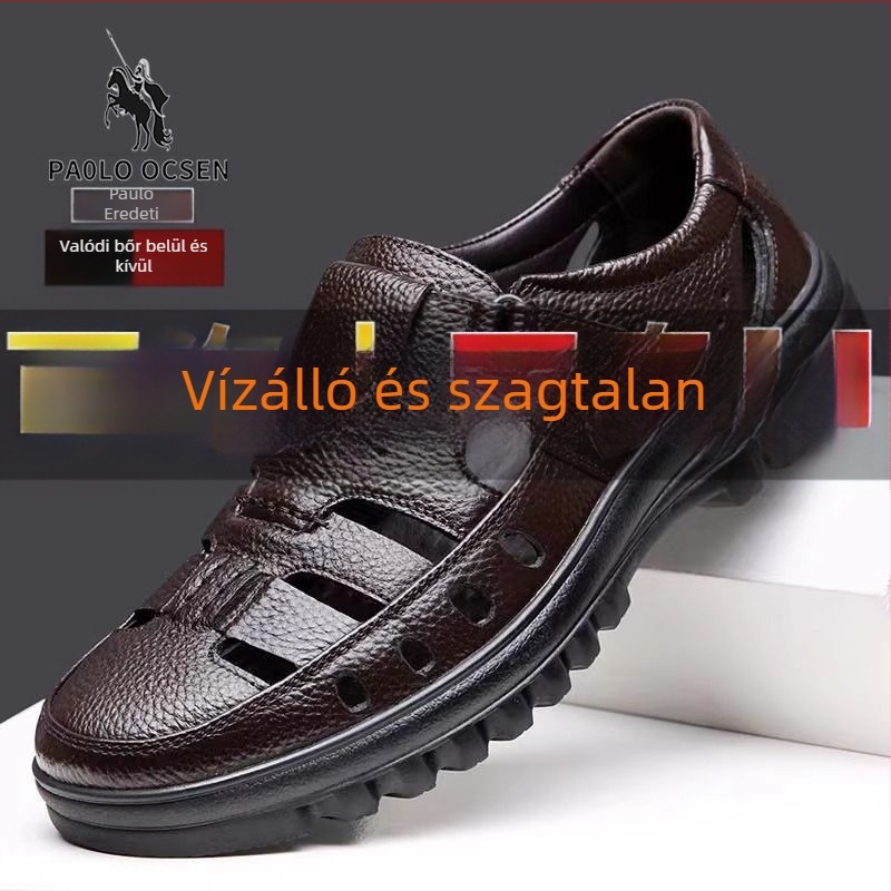 Férfi bőr szandál perforált felsőrésszel, Velcro-záródás, puha gumi talp, lélegző, csúszásmentes