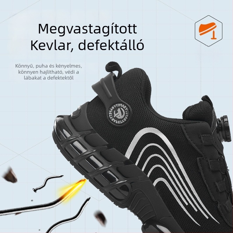 Férfiaknak fekete munkavédelmi cipő Fly-Knit hálófelsőrésszel, könnyű, lélegző, slip-on, ütés- és szúrásálló a munkahelyekre