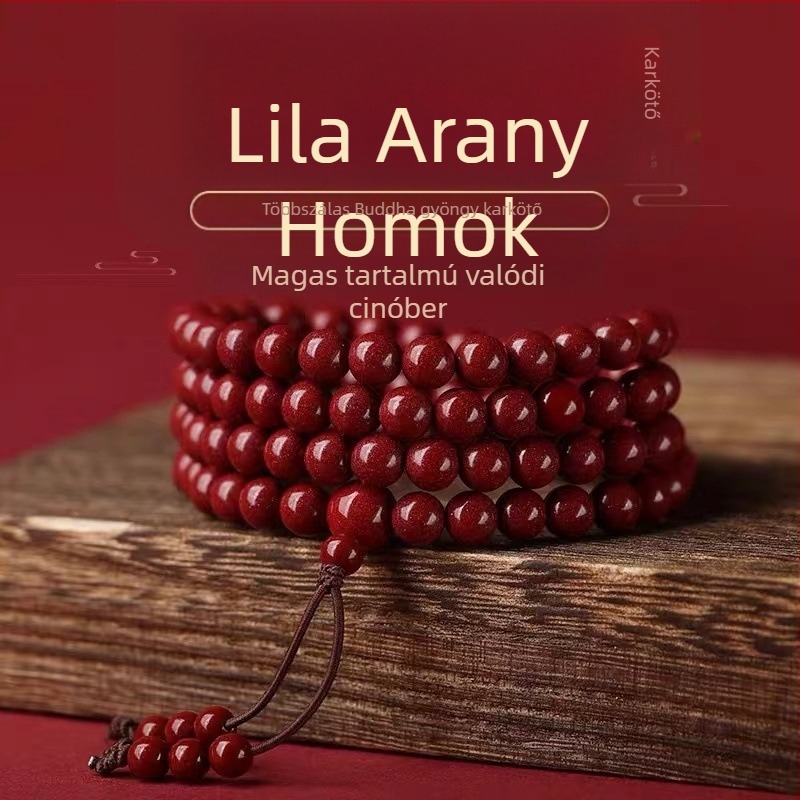 Cinnabar karkötő 108 gyöngy, háromrétegű dizájn, lila-arany cinnabar szín, uniszex, vintage stílus