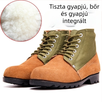 Zöld férfi retro téli bakancs, kerek orrú, meleg gyapjú szigetelés, gumírozott talppal, katonai stílusú havas csizma