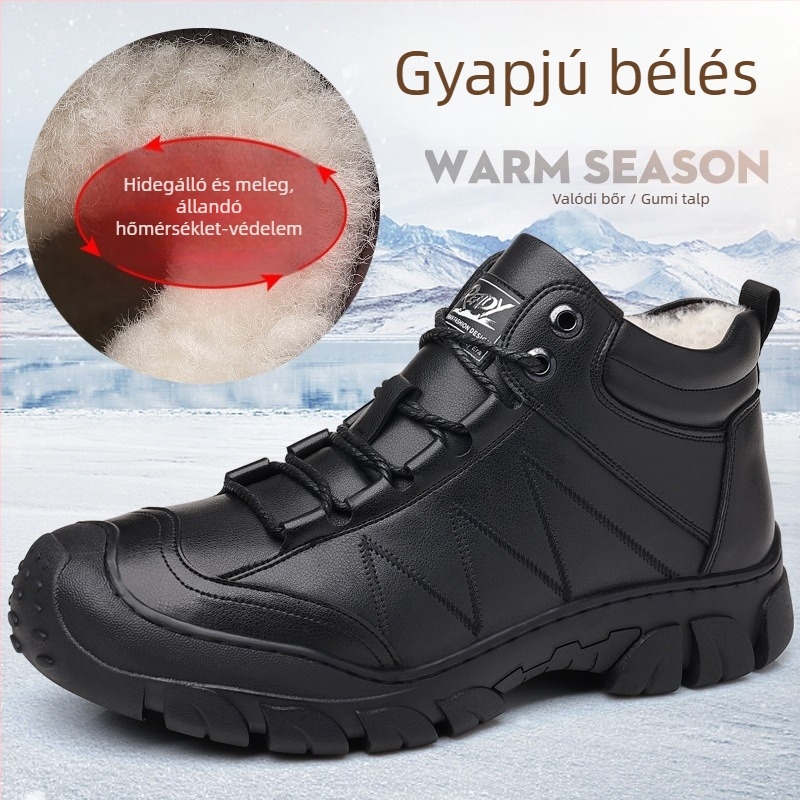 Férfi téli bakancsok természetes bőrből, gyapjú béléses és pamut szigeteléses, kötős cipő, csúszásmentes és kopásálló – 5507