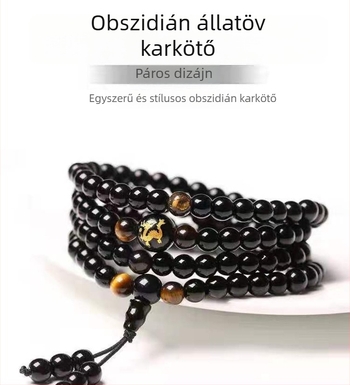 Obszidán 12 állatövi jegyű 108 gyöngyös karkötő, uniszex koreai stílusú buddhista gyöngyökkel