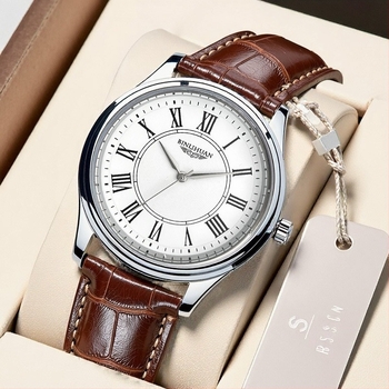 Binli Huan Férfi karóra műbőr szíjjal, vízálló kvarc óra, 41 mm kör alakú számlap, ötvözetes tokozás, divatos