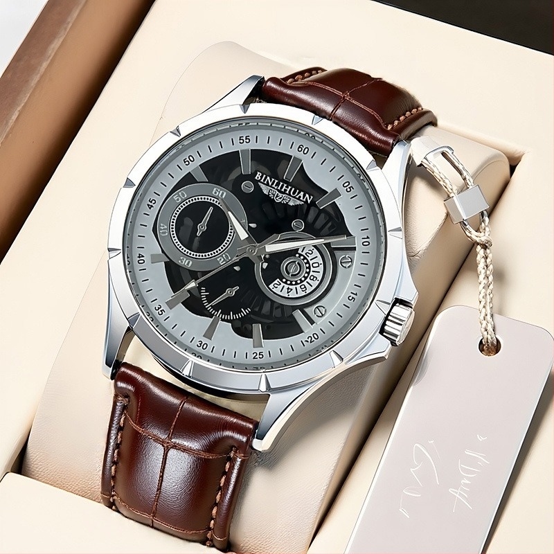 Férfi bőr szíjas óra – divatos hétköznapi kvarc óra, 41 mm számlap