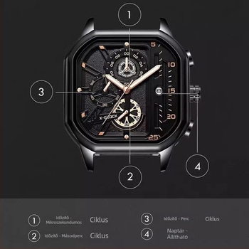 Férfi kvarc karóra rozsdamentes acélból, négyszögletes számlap, 47 mm, 12 mm vastagság, kvarcos mechanizmus, világító dial, 10 m vízállóság, többfunkciós