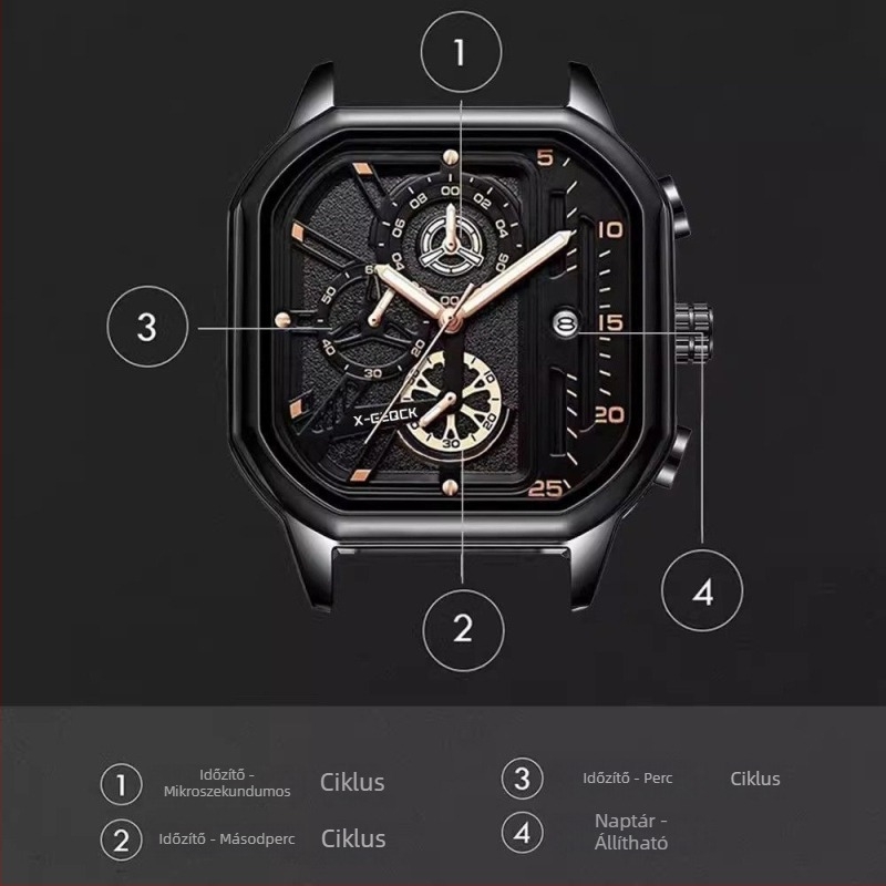 Férfi kvarc karóra rozsdamentes acélból, négyszögletes számlap, 47 mm, 12 mm vastagság, kvarcos mechanizmus, világító dial, 10 m vízállóság, többfunkciós
