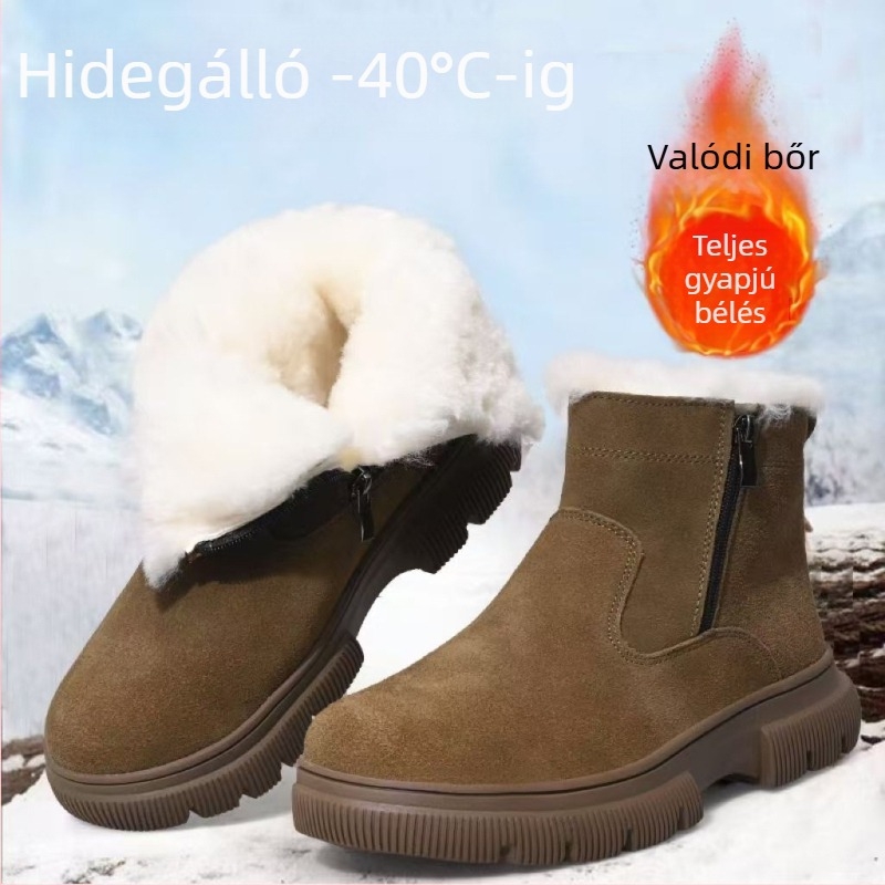 Férfi téli bakancs valódi bőrből és gyapjúból, magas szárú, fleece-belső, meleg és csúszásmentes havas bakancs