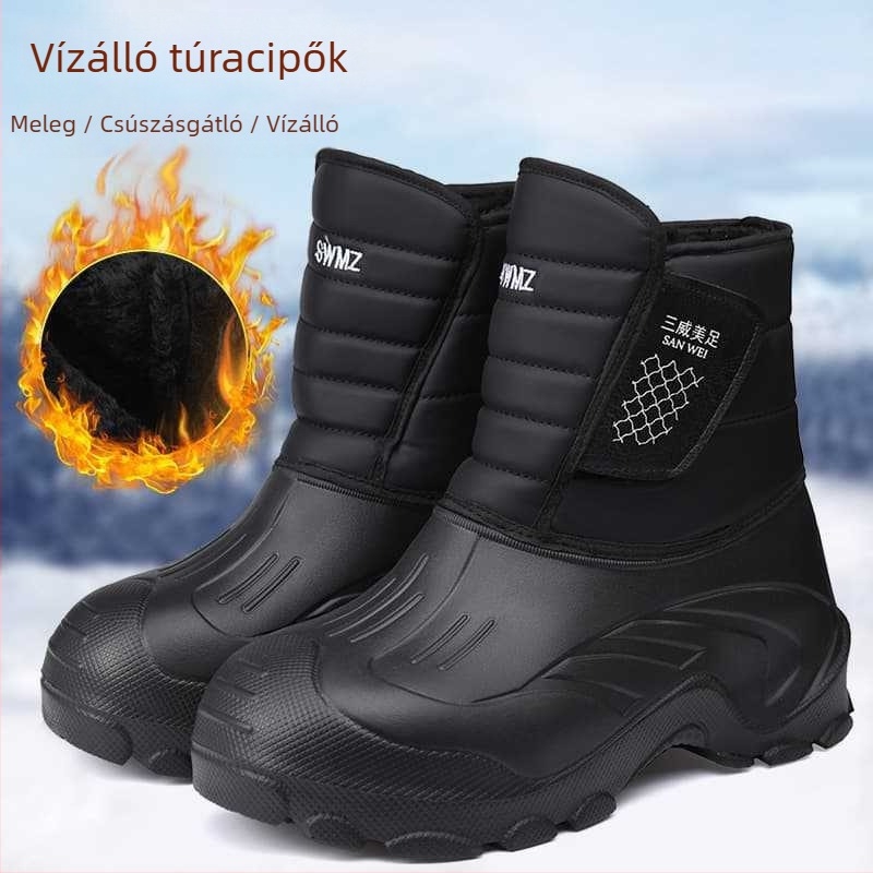 Téli férfi hócipő PU felsőrésszel, meleg, lélegző, csúszásmentes, kopásálló, vízálló, magas szárú