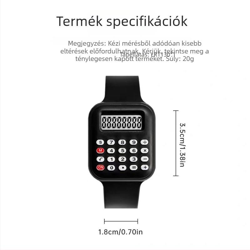 Gyerekeknek készült, számológéppel ellátott, vízálló karóra, négyzet alakú műanyag tok, szilikon szíjjal, 1,1 hüvelykes kijelzővel, elektronikus mozgás, 10 m vízállóság