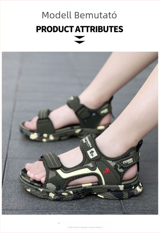 Gyerekeknek készült nyári strandcipő, puha talppal, camuflázs mintával, katonazöld, Velcro pánttal