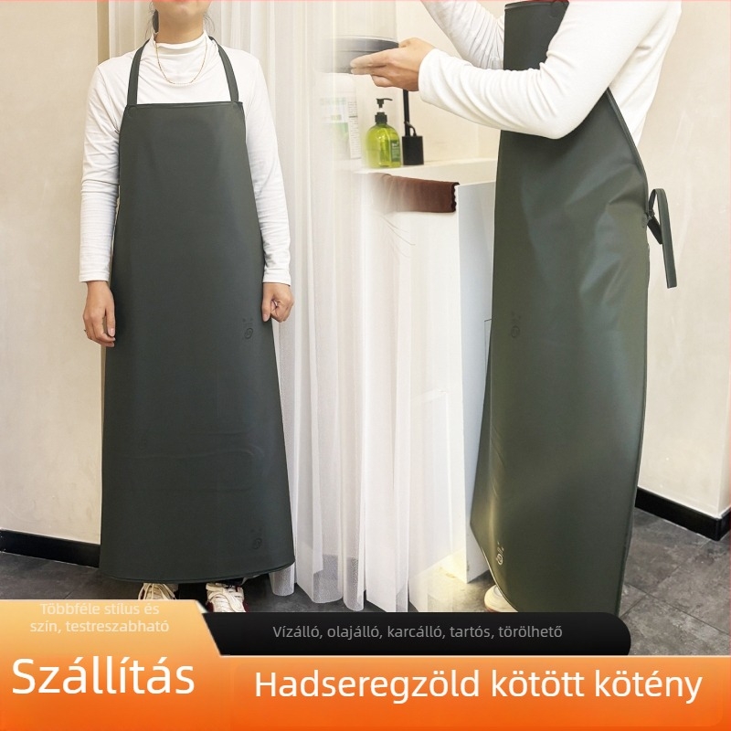 Katonazöld kötött anyagból készült kötény, vastagított és hosszabbított kivitel, vízálló és olajálló, uniszex deréktáji kötény