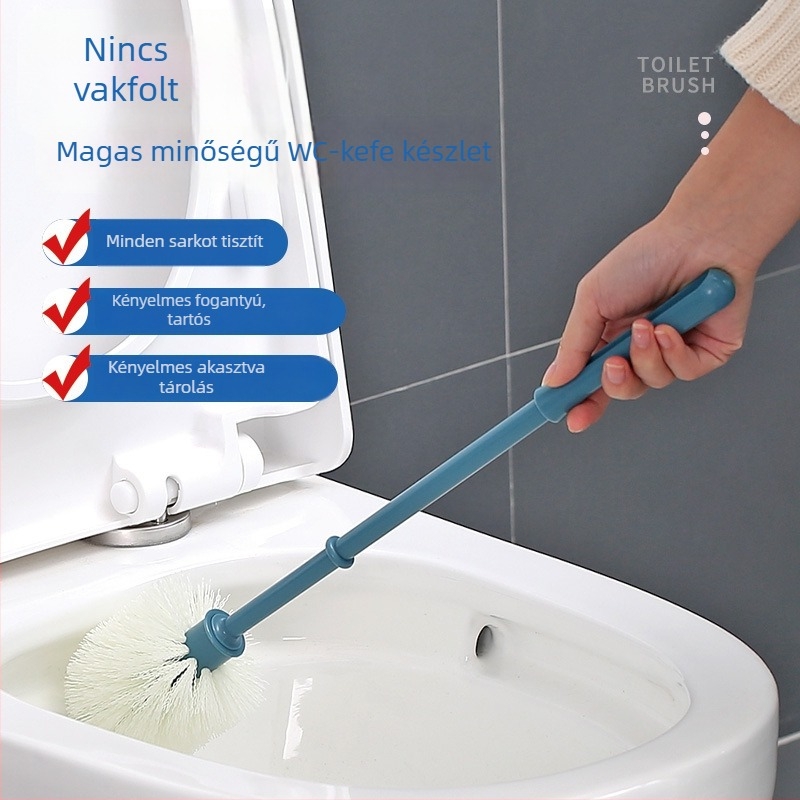 Hosszú nyélű WC-tisztító készlet, falra szerelhető, műanyag puha sörtékkel, talppal