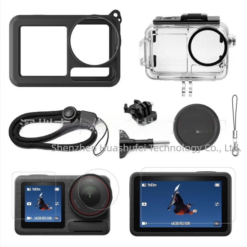 DJI Action5 Pro vízálló ház, edzett üveg kijelzővédő és szilikon tok – búvárkodó sportkamera kiegészítők