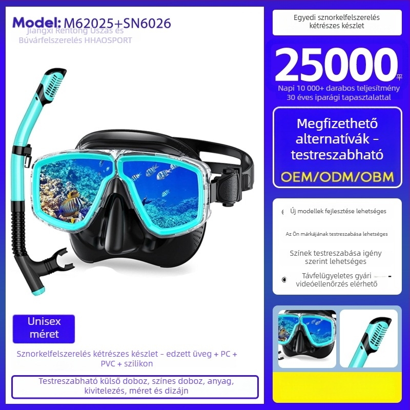 Két részes snorkel készlet száraz felső csővel, búvármaszk és szemüveg