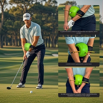 Golf swing edző, testtartás-korrekcióval, swing segéd és labdával történő érintkezés segédeszköze