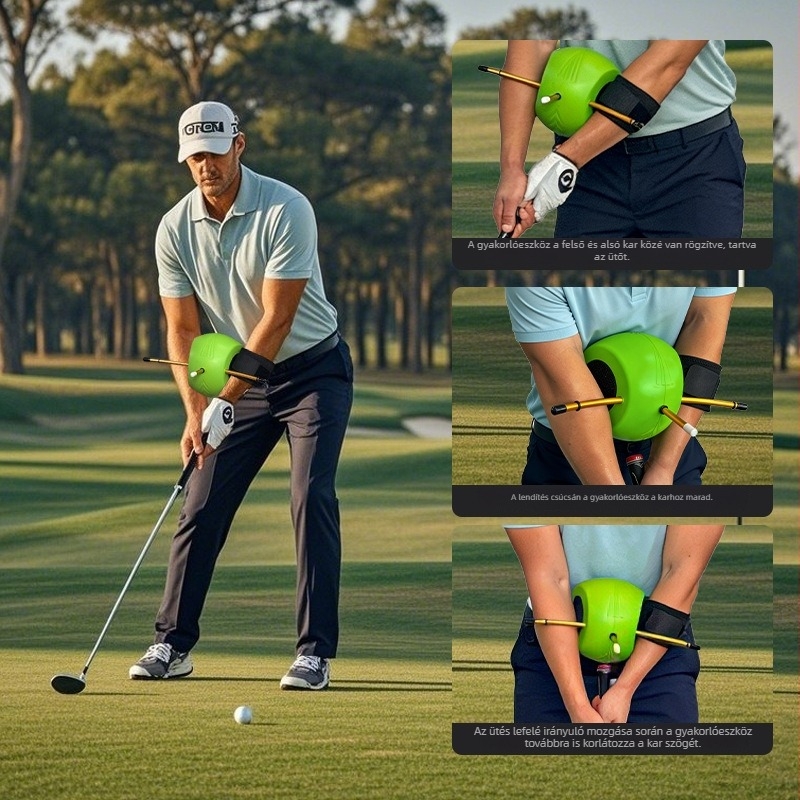 Golf swing edző, testtartás-korrekcióval, swing segéd és labdával történő érintkezés segédeszköze
