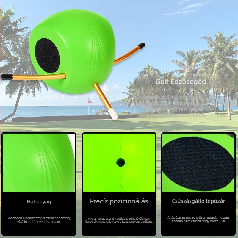 Golf swing edző, testtartás-korrekcióval, swing segéd és labdával történő érintkezés segédeszköze