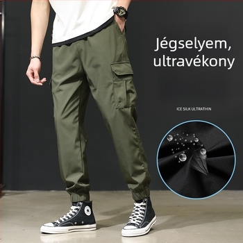 Férfi nyári vékony munkásnadrág Ice Silk anyagból, lazán szabott, plusz méret, cropped hossz, bokánál gumírozott szár