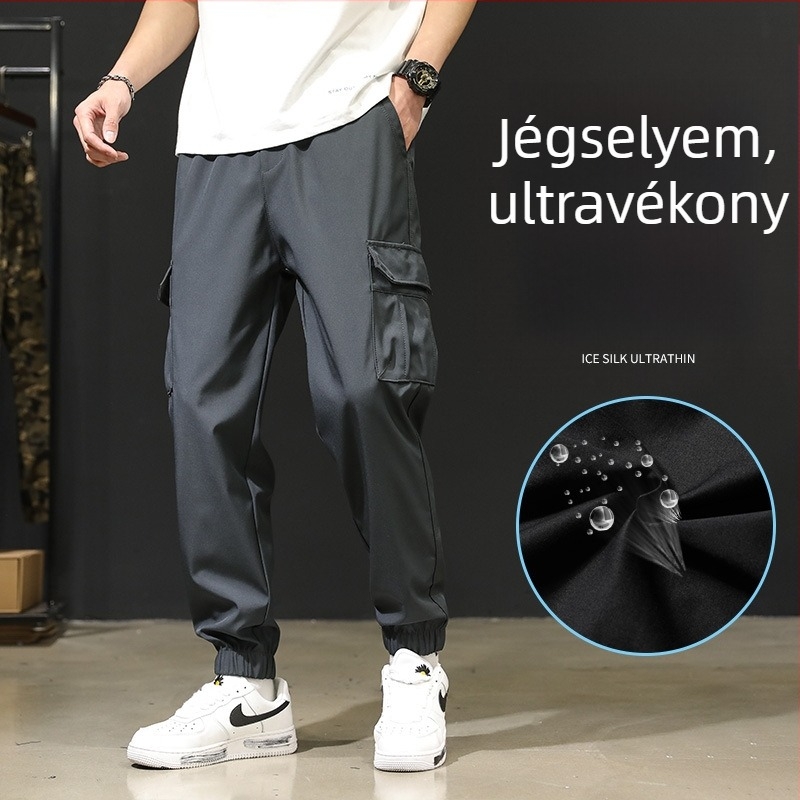 Férfi nyári vékony munkásnadrág Ice Silk anyagból, lazán szabott, plusz méret, cropped hossz, bokánál gumírozott szár