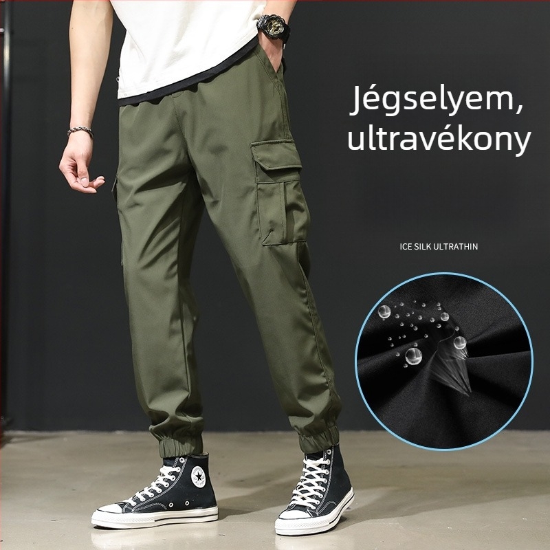 Férfi nyári vékony munkásnadrág Ice Silk anyagból, lazán szabott, plusz méret, cropped hossz, bokánál gumírozott szár