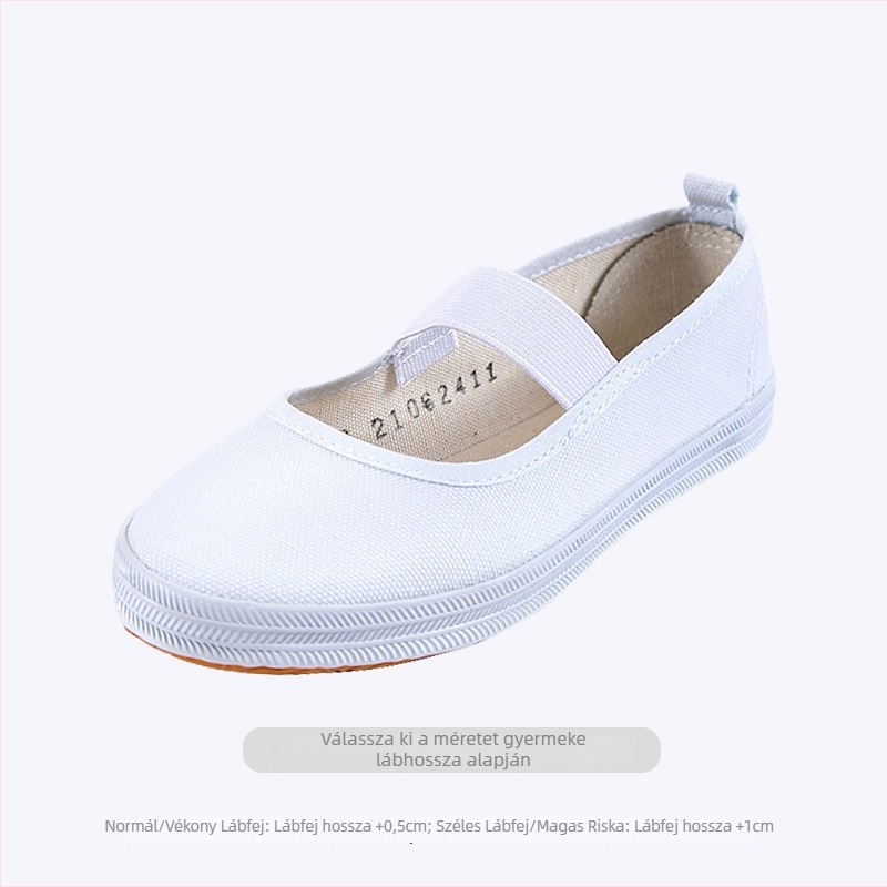 Gyerekeknek fehér vászon tornacipő – slip-on, elasztikus pánttal, lélegző, csúszásmentes talppal
