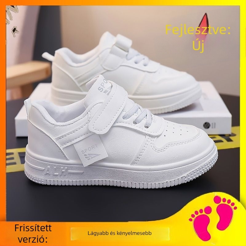 Gyerekek fehér edzőcipői, uniszex, lélegző, mindennapi casual, Velcro-zárás, alacsony szárú