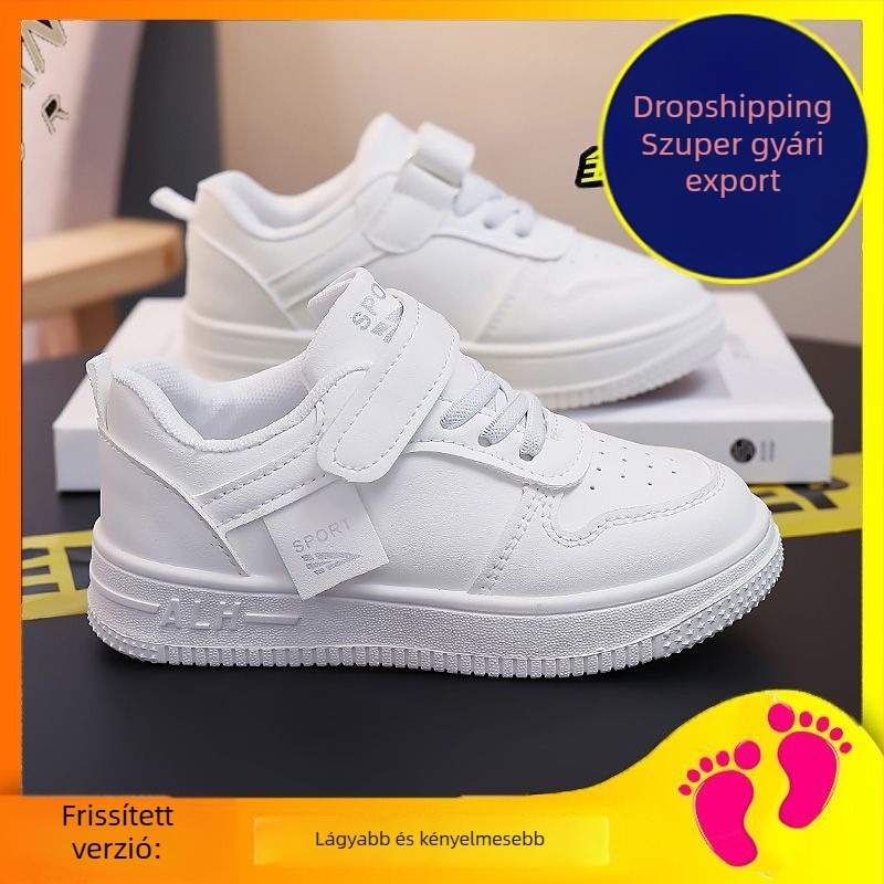 Gyerekek fehér edzőcipői, uniszex, lélegző, mindennapi casual, Velcro-zárás, alacsony szárú