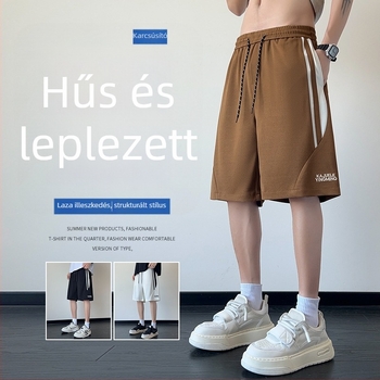 Tinédzser korosztályú Ice-Silk rövidnadrág, nyár, laza, kényelmes szabás, hossz a comb középső részéig, retro amerikai csíkos patchwork, egyenes szabású sportnadrág