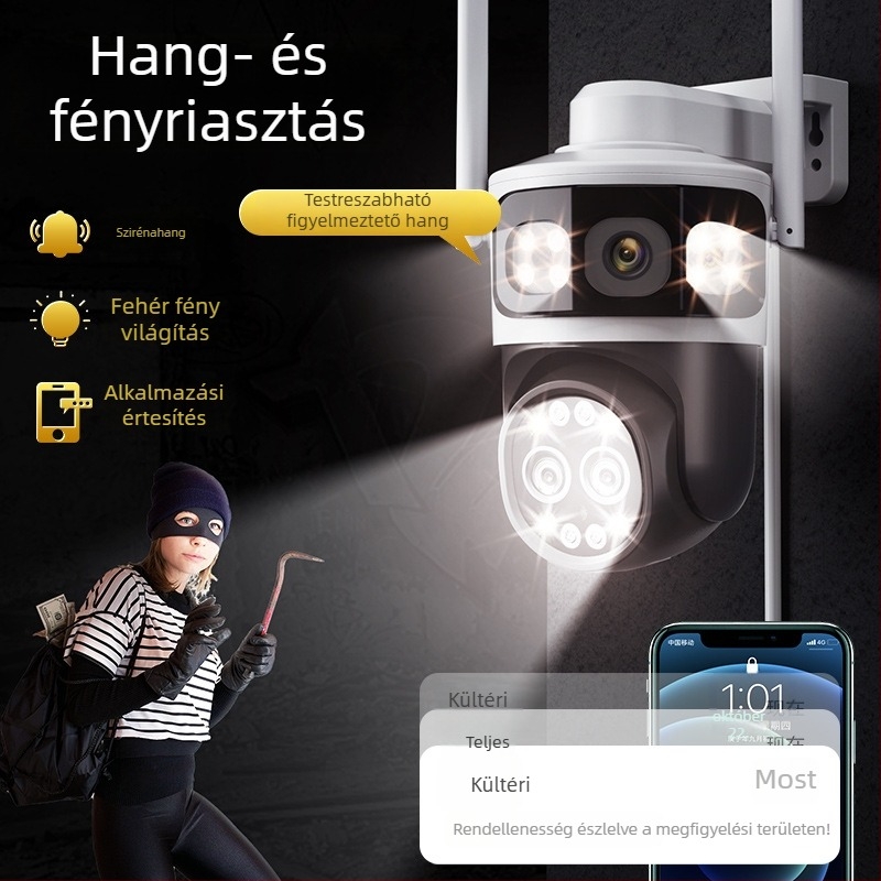 HD otthoni megfigyelőrendszer, beltéri és kültéri vezeték nélküli kamerákkal, háromképernyős megjelenítés, 360° éjszakai látás és hozzáférés mobilon