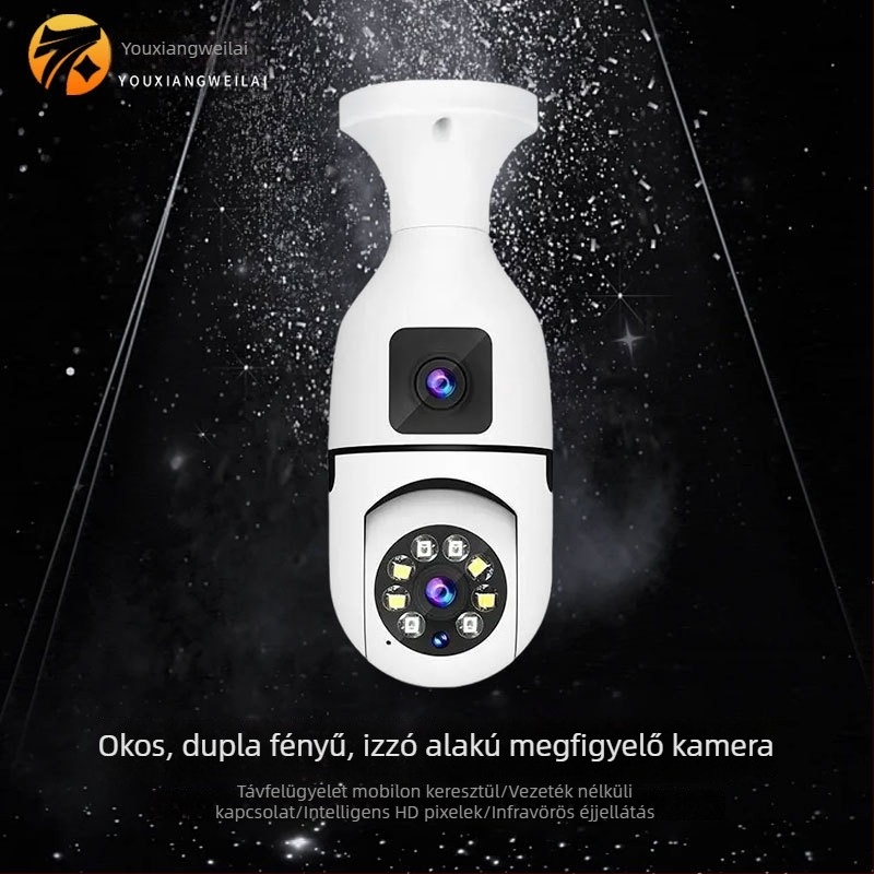 Belső lámpa alakú kamera dupla objektívvel, vezeték nélküli, kettős nézet, 1080p teljes színű éjjellátás, 360° lefedettség