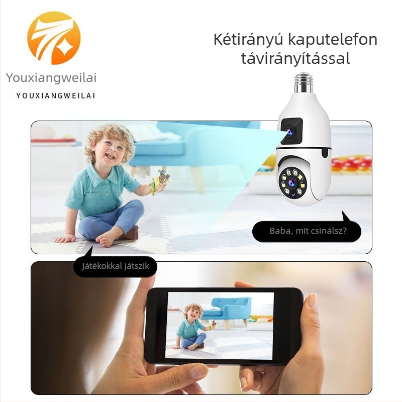 Belső lámpa alakú kamera dupla objektívvel, vezeték nélküli, kettős nézet, 1080p teljes színű éjjellátás, 360° lefedettség