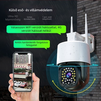 HD kültéri PTZ biztonsági kamera 360° panorámával, teljes színű éjjellátás, 4G-s és Wi‑Fi vezeték nélküli megfigyelés