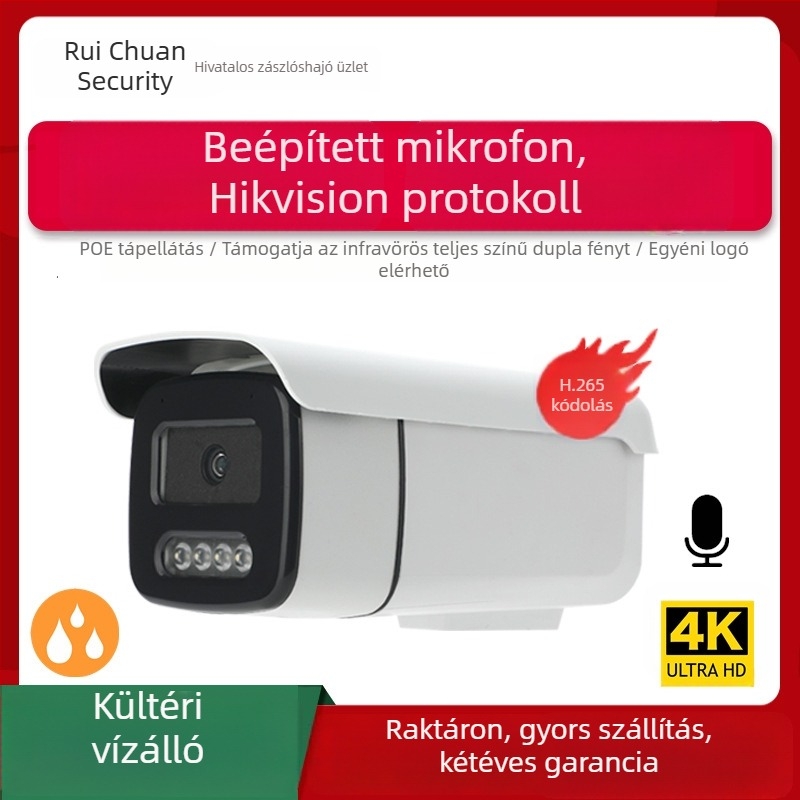 5MP teljes színű POE kültéri IP-kamera hangfelvétellel, vízálló, Hikvision protokoll